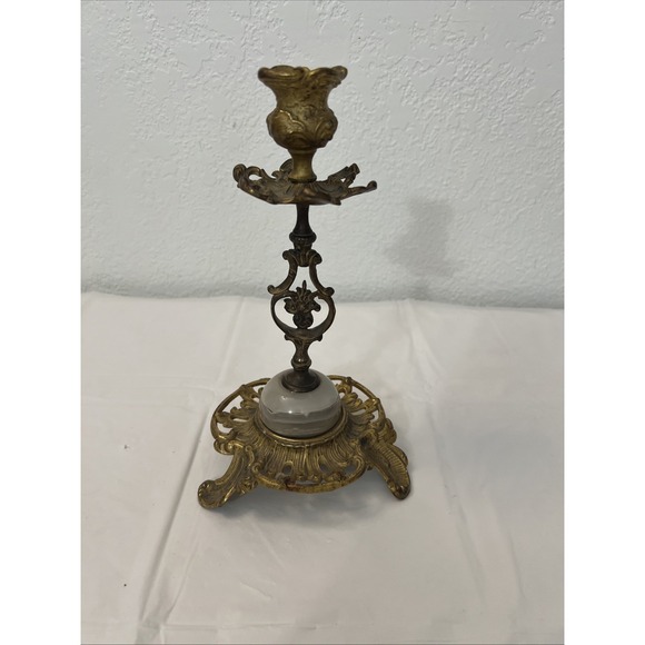 Antique Rococo Gilt Copper Bronze Floral Ornate Scrolled Candlestick Marble